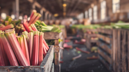 Rhubarb stalks harvested in wooden boxes in a warehouse. Natural organic fruit abundance. Healthy and natural food storing and shipping concept.の素材