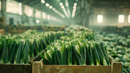 Leeks harvested in wooden boxes in a warehouse. Natural organic fruit abundance. Healthy and natural food storing and shipping concept.の素材
