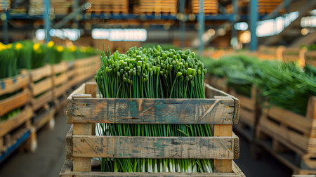 Chives harvested in wooden boxes in a warehouse. Natural organic fruit abundance. Healthy and natural food storing and shipping concept.の素材
