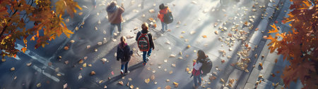 School children going to school in the town street in autumn. Back to school concept.の素材