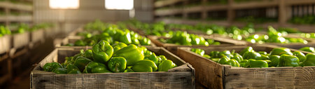 Green bell peppers harvested in wooden boxes in a warehouse. Natural organic vegetable abundance. Healthy and natural food storing and shipping concept.の素材