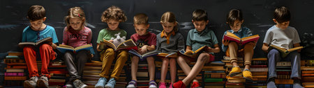 Group of children sitting on book piles and reading. Concept of education, learning, knowledge and leisure activity.の素材