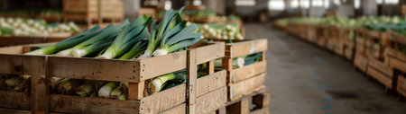 Leeks harvested in wooden boxes in a warehouse. Natural organic fruit abundance. Healthy and natural food storing and shipping concept.の素材