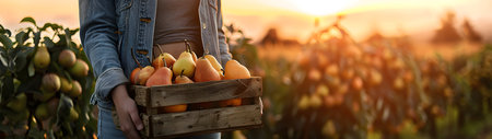 Beautiful young farmer woman holding a wooden box full of orange pear fruits standing in the field with sunset. Concept of healthy lifestyle, local farming and beauty.の素材