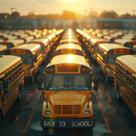 Endless rows of school buses and one of them standing out with BACK TO SCHOOL written on a blackboard on the large parking lot. Back to School, transportation and education concept.の素材