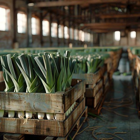 Leeks harvested in wooden boxes in a warehouse. Natural organic fruit abundance. Healthy and natural food storing and shipping concept.の素材