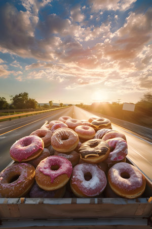 Cargo truck full of donuts on the road in the french countryside and sunset. Concept of high quality food products, cargo and shipping.の素材
