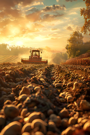 Harvester harvesting potatoes in the autumn field with sunshine.の素材