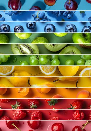 Rainbow color mix stripes with fruit and slices. Healthy eating, colorful, organic bio food concept. Abstract background, flat lay.の素材