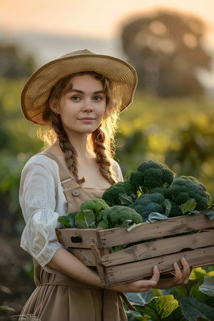 Beautiful young farmer woman holding a wooden box full of broccoli vegetables standing in the field with sunset. Concept of healthy lifestyle, local farming and beauty.の素材