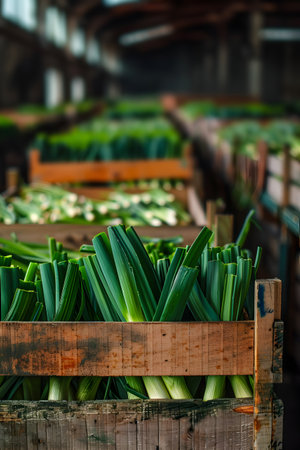 Leeks harvested in wooden boxes in a warehouse. Natural organic fruit abundance. Healthy and natural food storing and shipping concept.の素材