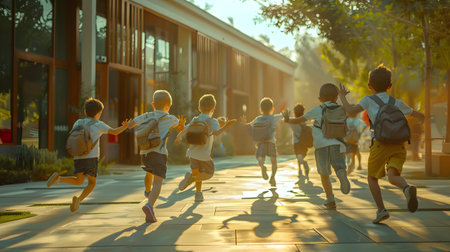 Joyful school children running to school in the town street in autumn. Back to school concept.の素材