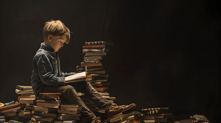 Child sitting on book piles and reading. Concept of education, learning, knowledge and leisure activity.の素材