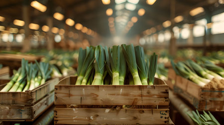 Leeks harvested in wooden boxes in a warehouse. Natural organic fruit abundance. Healthy and natural food storing and shipping concept.の素材