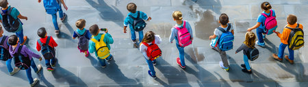 Aerial view of group of children going to school. Back to school concept.の素材