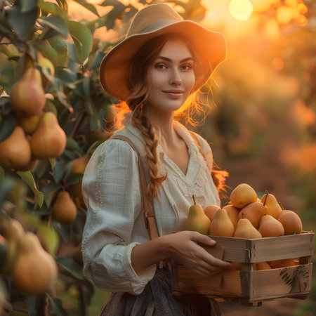 Beautiful young farmer woman holding a wooden box full of orange pear fruits standing in the field with sunset. Concept of healthy lifestyle, local farming and beauty.の素材