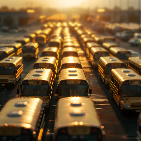 Endless rows of school buses on the large parking lot and sunshine in the background. Back to School, transportation and education concept.の素材