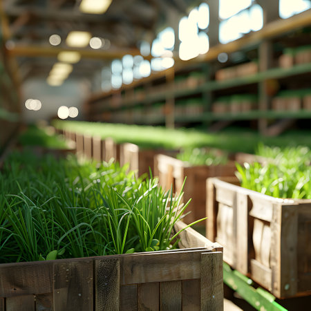 Chives harvested in wooden boxes in a warehouse. Natural organic fruit abundance. Healthy and natural food storing and shipping concept.の素材