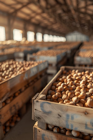 Hazel nuts harvested in wooden boxes in a warehouse. Natural organic fruit abundance. Healthy and natural food storing and shipping concept.の素材