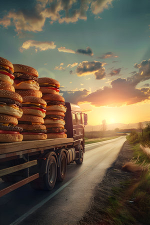 Cargo truck full of hamburgers on the road in the american countryside and sunset. Concept of high quality food products, cargo and shipping.の素材