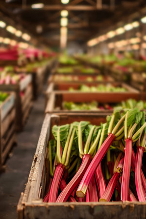 Rhubarb stalks harvested in wooden boxes in a warehouse. Natural organic fruit abundance. Healthy and natural food storing and shipping concept.の素材