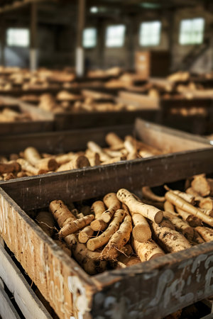 Horseradish root harvested in wooden boxes in a warehouse. Natural organic fruit abundance. Healthy and natural food storing and shipping concept.の素材