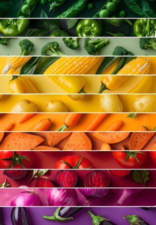 Rainbow color mix stripes with perfect vegetables, slices and leaves on colorful background. Healthy, organic, bio food concept. Abstract background, flat lay.の素材