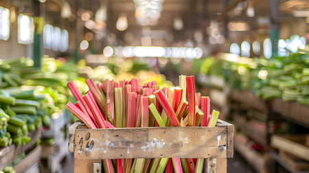 Rhubarb stalks harvested in wooden boxes in a warehouse. Natural organic fruit abundance. Healthy and natural food storing and shipping concept.の素材