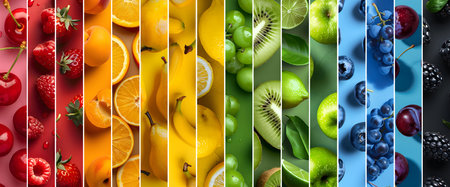 Rainbow color mix stripes with fruit and slices. Healthy eating, colorful, organic bio food concept. Abstract background, flat lay.の素材