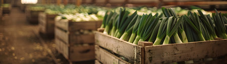 Leeks harvested in wooden boxes in a warehouse. Natural organic fruit abundance. Healthy and natural food storing and shipping concept.の素材