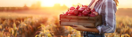 Beautiful young farmer woman holding a wooden box full of red onions vegetable standing in the field with sunset. Concept of healthy lifestyle, local farming and beauty.の素材