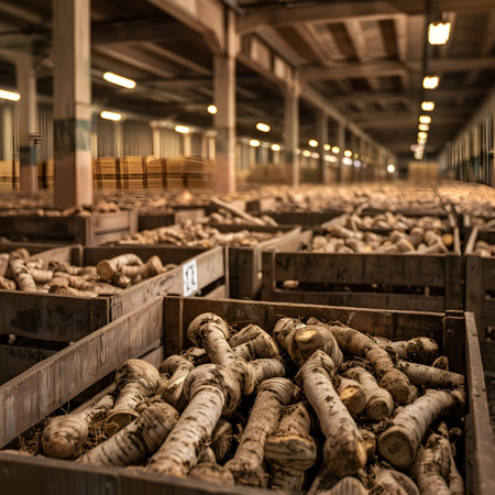 Horseradish root harvested in wooden boxes in a warehouse. Natural organic fruit abundance. Healthy and natural food storing and shipping concept.の素材