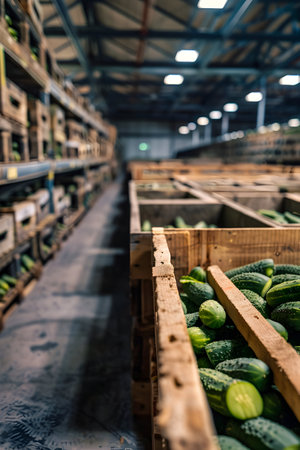 Gherkins harvested in wooden boxes in a warehouse. Natural organic fruit abundance. Healthy and natural food storing and shipping concept.の素材