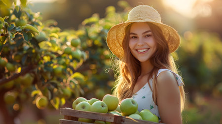 Beautiful young farmer woman holding a wooden box full of green apple fruits standing in the field with sunset. Concept of healthy lifestyle, local farming and beauty.の素材
