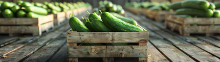 Cucumber harvested in wooden boxes in a warehouse. Natural organic fruit abundance. Healthy and natural food storing and shipping concept.の素材