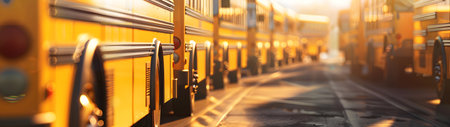 Endless rows of school buses on the large parking lot and sunshine in the background. Back to School, transportation and education concept.の素材