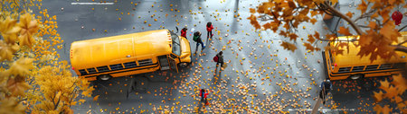 Aerial view of School bus and children in the town street in autumn. Back to school concept.の素材