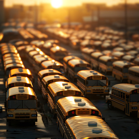 Endless rows of school buses on the large parking lot and sunshine in the background. Back to School, transportation and education concept.の素材