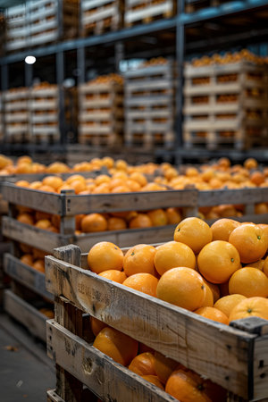 Oranges harvested in wooden boxes in a warehouse. Natural organic fruit abundance. Healthy and natural food storing and shipping concept.の素材