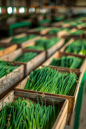 Chives harvested in wooden boxes in a warehouse. Natural organic fruit abundance. Healthy and natural food storing and shipping concept.の素材