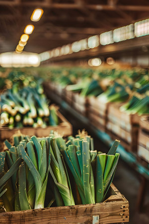 Leeks harvested in wooden boxes in a warehouse. Natural organic fruit abundance. Healthy and natural food storing and shipping concept.の素材