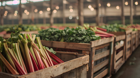 Rhubarb stalks harvested in wooden boxes in a warehouse. Natural organic fruit abundance. Healthy and natural food storing and shipping concept.の素材