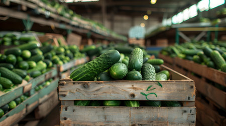 Cucumber harvested in wooden boxes in a warehouse. Natural organic fruit abundance. Healthy and natural food storing and shipping concept.の素材