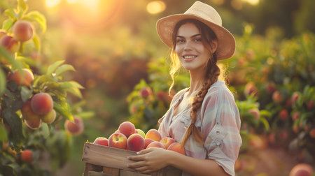Beautiful young farmer woman holding a wooden box full of peach fruits standing in the field with sunset. Concept of healthy lifestyle, local farming and beauty.の素材