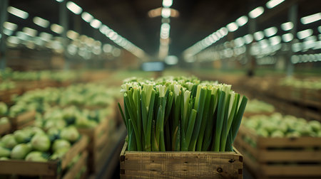 Leeks harvested in wooden boxes in a warehouse. Natural organic fruit abundance. Healthy and natural food storing and shipping concept.の素材