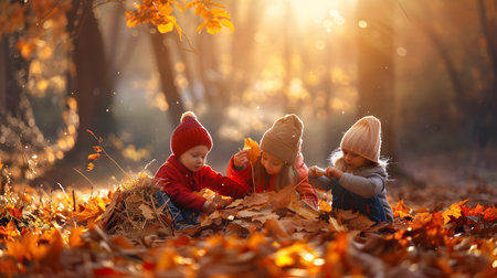 Group of joyful children playing with autumn leaves in the forest with sunshine.の素材