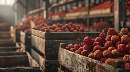 Litchi fruits harvested in wooden boxes in a warehouse. Natural organic fruit abundance. Healthy and natural food storing and shipping concept.の素材