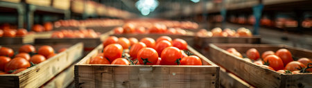 Tomatoes harvested in wooden boxes in a warehouse. Natural organic vegetable abundance. Healthy and natural food storing and shipping concept.の素材