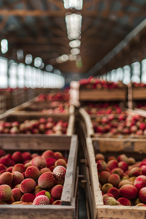 Litchi fruits harvested in wooden boxes in a warehouse. Natural organic fruit abundance. Healthy and natural food storing and shipping concept.の素材