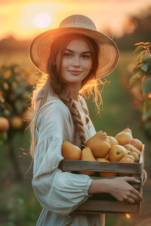 Beautiful young farmer woman holding a wooden box full of orange pear fruits standing in the field with sunset. Concept of healthy lifestyle, local farming and beauty.の素材